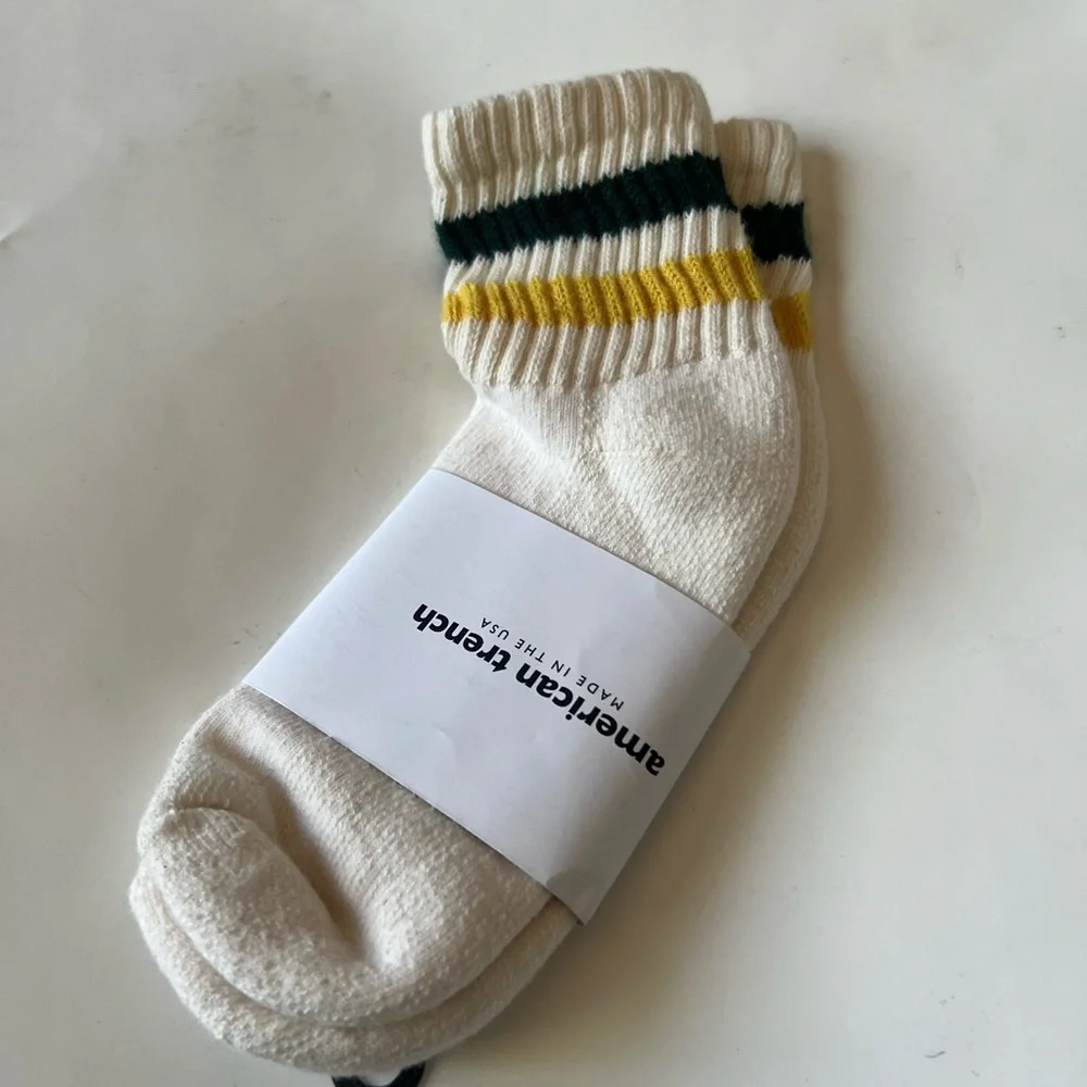 AMERICAN TRENCH RETRO QUARTER CREW SOCKS FOREST GREEN/AMBER OS UNISEX NWT